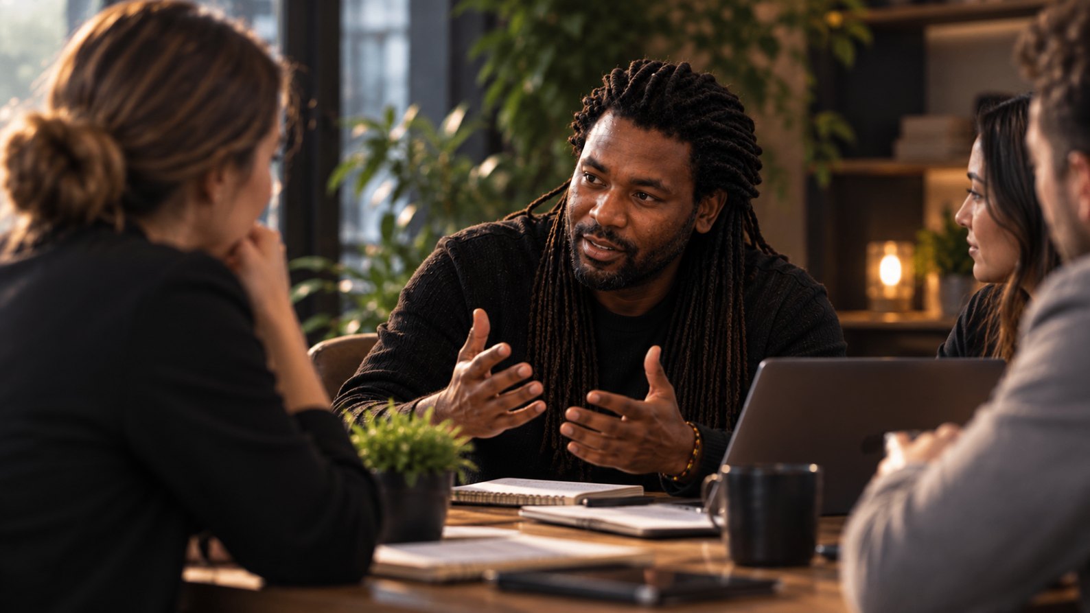 Donald Msapenda speaking with three colleagues around a meeting table in warm daylight