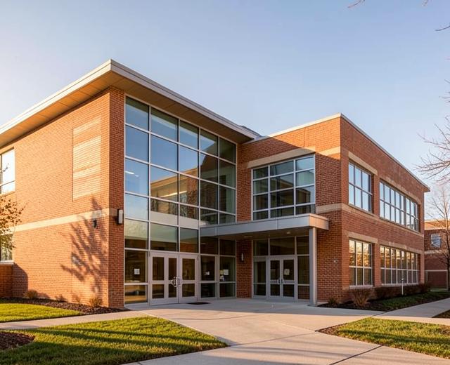 A modern school building on a clear day